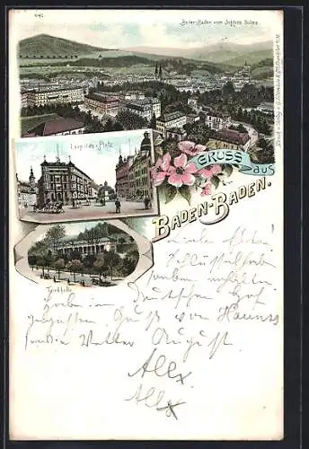 Lithographie Baden-Baden, Leopolds-Platz, Trinkhalle, Gesamtansicht