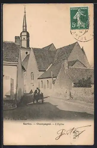 AK Champagné, L`Église et rue avec charrette