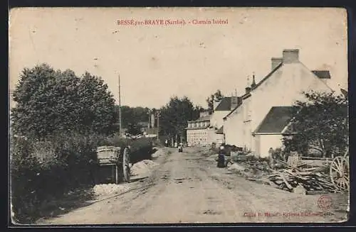 AK Bessé-sur-Braye, Chemin latéral avec maisons et charrette