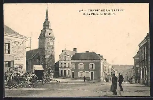 AK Bouloire, La Place avec église et charrettes