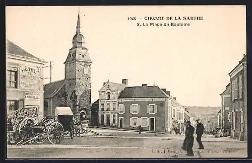 AK Bouloire, La Place de Bouloire avec église et calèches, 1906