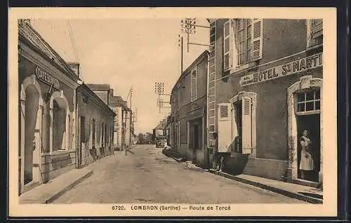 AK Lombron, Route de Torcé avec l`hôtel St Martin et commerces sur la rue principale