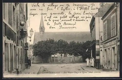 AK La Ferté-Bernard, Rue Victor-Hugo et Église Saint-Antoine