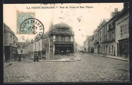 AK La Ferté-Bernard, Rue de Paris et Rue Thiers