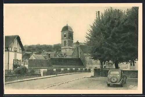 AK La Chartre-sur-le-Loir, L`Église vue de la Place de l`Hôtel-de-Ville