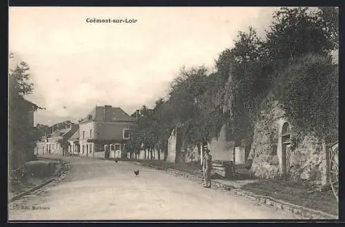 AK Coëmont-sur-Loir, Rue principale avec maisons et végétation abondante