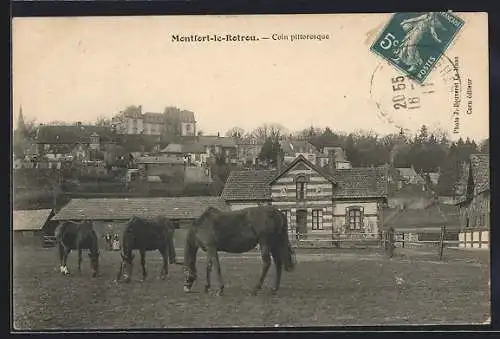 AK Montfort-le-Rotrou, Coin pittoresque avec chevaux au pâturage