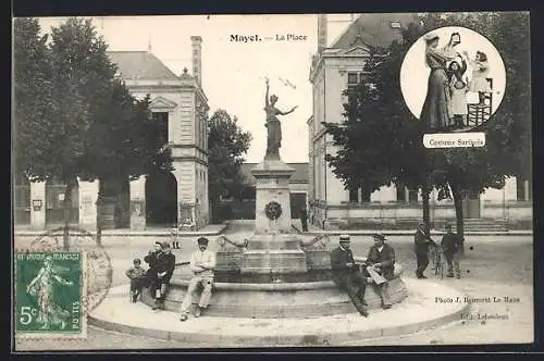 AK Mayet, La Place avec fontaine et costume sarthois