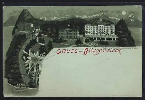 Mondschein-Lithographie Bürgenstock, Hotels mit Stanserhorn und Hammetschwand