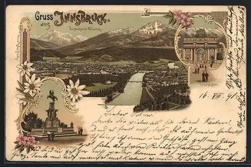 Lithographie Innsbruck, Triumphpforte, Leopoldsbrunnen und Stadtpanorama