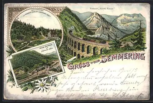 Lithographie Semmering, Stephanie-Hotel, Sonnwendstein mit Friedrich Schüler-Alpenhaus, Viadukt Kalte Rinne