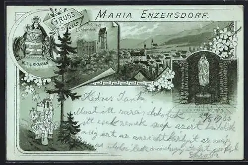 Mondschein-Lithographie Maria Enzersdorf, Schloss Lichtenstein und Lourdes-Brunnen