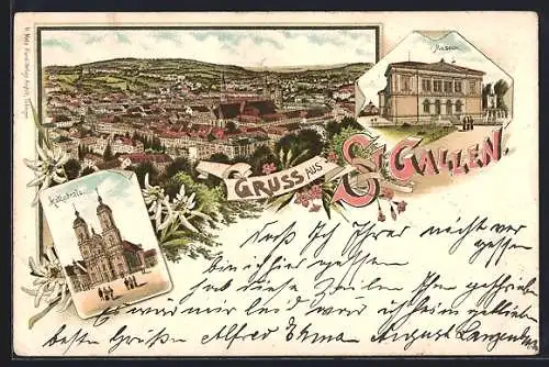 Lithographie St. Gallen, Museum, Kathedrale und Stadtpanorama