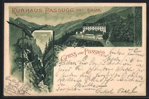 Lithographie Passugg bei Chur, Kurhaus und Gebirgsschlucht