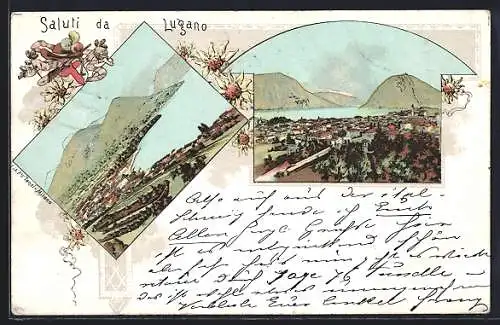 Lithographie Lugano, Gesamtansichten am Wasser