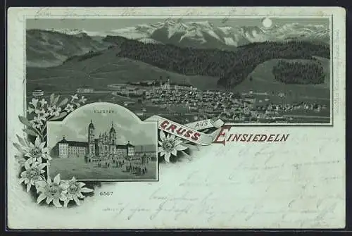 Mondschein-Lithographie Einsiedeln, Kloster und Gesamtansicht