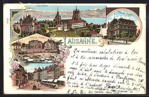 Lithographie Lausanne, Place du Marché, Place St. Francois, Tribunal Fédérale, Vue Générale