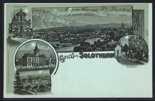 Mondschein-Lithographie Solothurn, St. Ursusmünster, Postgebäude, Kurhaus Weissenstein, Einsiedelei