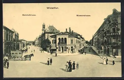 AK Winterthur, Blick in Bahnhofstrasse und Museumstrasse, mit Gasthof Walhalla