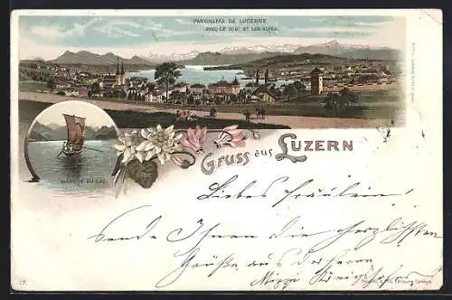 Lithographie Luzern, Barque du Lac, Panorama avec le Rigi et les Alpes