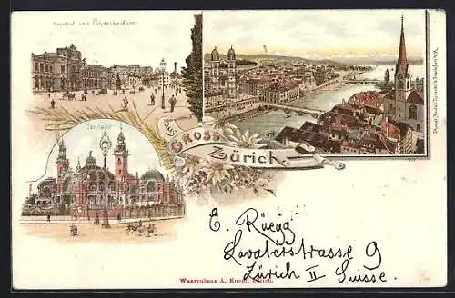 Lithographie Zürich, Bahnhof & Polytechnikum, Tonhalle, Ortsansicht