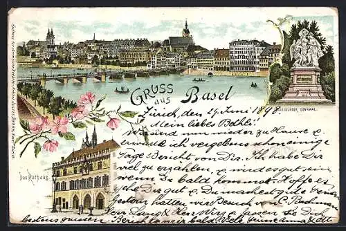 Lithographie Basel, Rathaus, Strassburger Denkmal, Ortspanorama mit Brücke