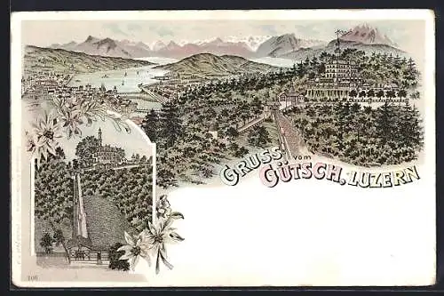 Lithographie Luzern, Gütsch, Ortspartie mit Gasthaus und Stadtansicht, Bergbahn