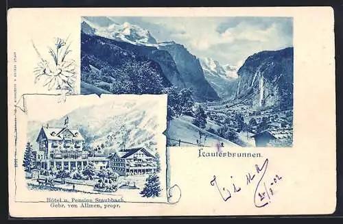 AK Lauterbrunnen, Hotel u. Pension Staubbach, Totalansicht mit Bergen