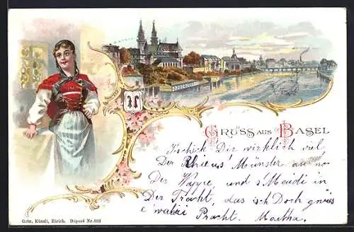 Lithographie Basel, Baslerin, Wappen, Ortsansicht mit Brücke