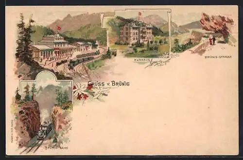 Lithographie Brünig, Kurhaus, Brünig-Bahn, Brünig-Strasse