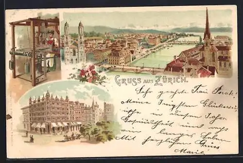 Lithographie Zürich, Weberin am Webstuhl, Turmgebäude mit Strasse, Ortsansicht mit Brücken