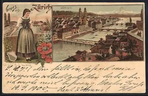 Lithographie Zürich, Totalansicht mit See und Gebirgspanorama, Schweizerin im Trachtenkleid