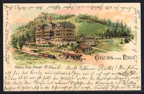 Lithographie Rigi, Hotel Rigi-First mit Umgebung und Eisenbahn