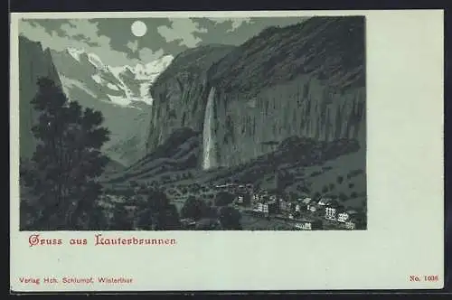 Mondschein-Lithographie Lauterbrunnen, Ortsansicht mit Wasserfall und Bergpanorama