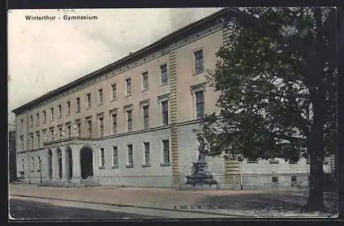 AK Winterthur, Gymnasium, Vorderansicht mit Statue und Eingangsportal