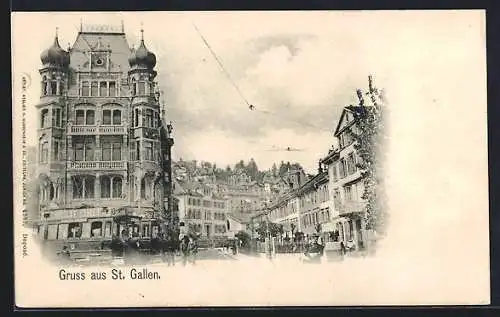 AK St. Gallen, Strassenpartie mit Gebäude Chocolat Kohler