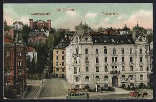 AK St. Gallen, Ortspartie mit Treppenaufgang zur Christuskirche, Washington, Strassenbahn