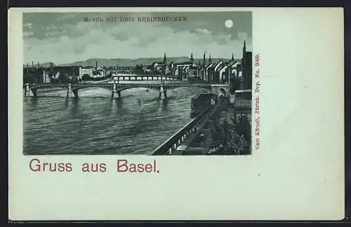 Mondschein-AK Basel, Ortsansicht mit drei Rheinbrücken