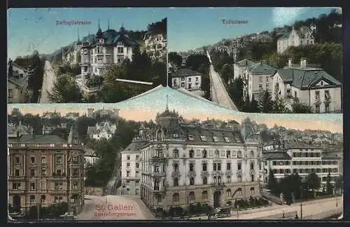 AK St. Gallen, Rosenbergstrasse mit Ortspanorama, Zwingli- und Tellstrasse aus der Vogelschau