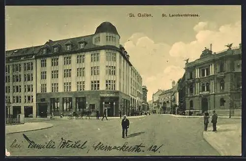 AK St. Gallen, St. Leonhardstrasse, Kreuzung mit Geschäftshaus Toggenburger