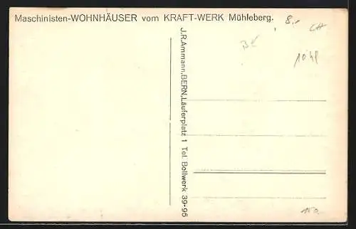 AK Mühleberg, Maschinisten-Wohnhäuser vom Kraft-Werk aus der Vogelschau, mit Kantinengebäude