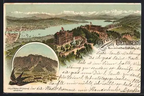 Lithographie Uetliberg bei Zürich, Panorama mit Hotel, Schwalbe über Eisenbahn