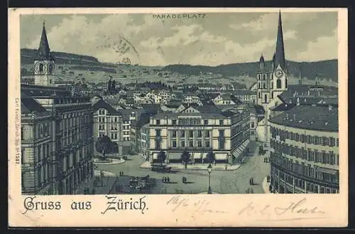 Lithographie Zürich, Paradeplatz mit Hotel Baur aus der Vogelschau