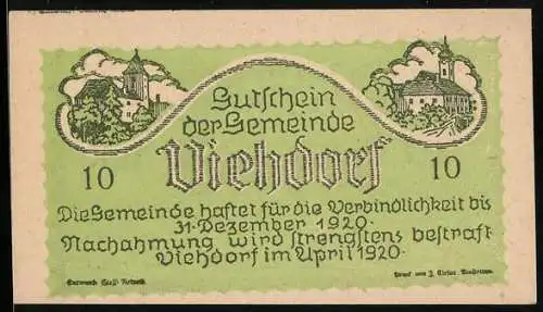 Notgeld Viehdorf 1920, 10 Heller, Landschaft mit Kirche und Kühen, gültig bis 31. Dezember 1920