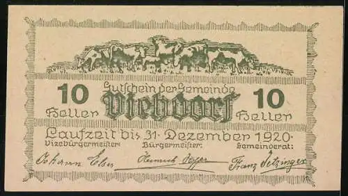 Notgeld Viehdorf 1920, 10 Heller, Landschaft mit Kirche und Kühen, gültig bis 31. Dezember 1920