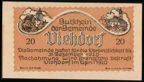 Notgeld Viehdorf 1920, 20 Heller, Landschaft mit Gebäuden und Viehherde