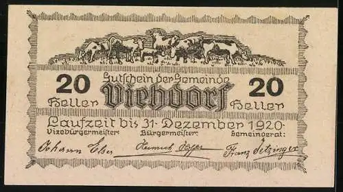 Notgeld Viehdorf 1920, 20 Heller, Landschaft mit Gebäuden und Viehherde