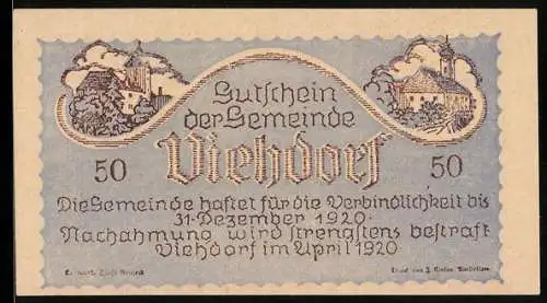 Notgeld Viehdorf 1920, 50 Heller, ländliche Motive mit Dorfansicht und Kühen