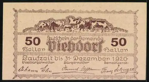 Notgeld Viehdorf 1920, 50 Heller, ländliche Motive mit Dorfansicht und Kühen