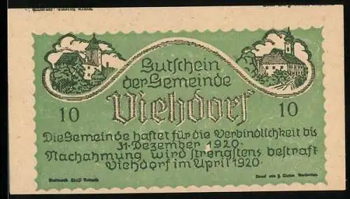 Notgeld Viehdorf 1920, 10 Heller, ländliche Szenerie mit Kirche und Viehherde